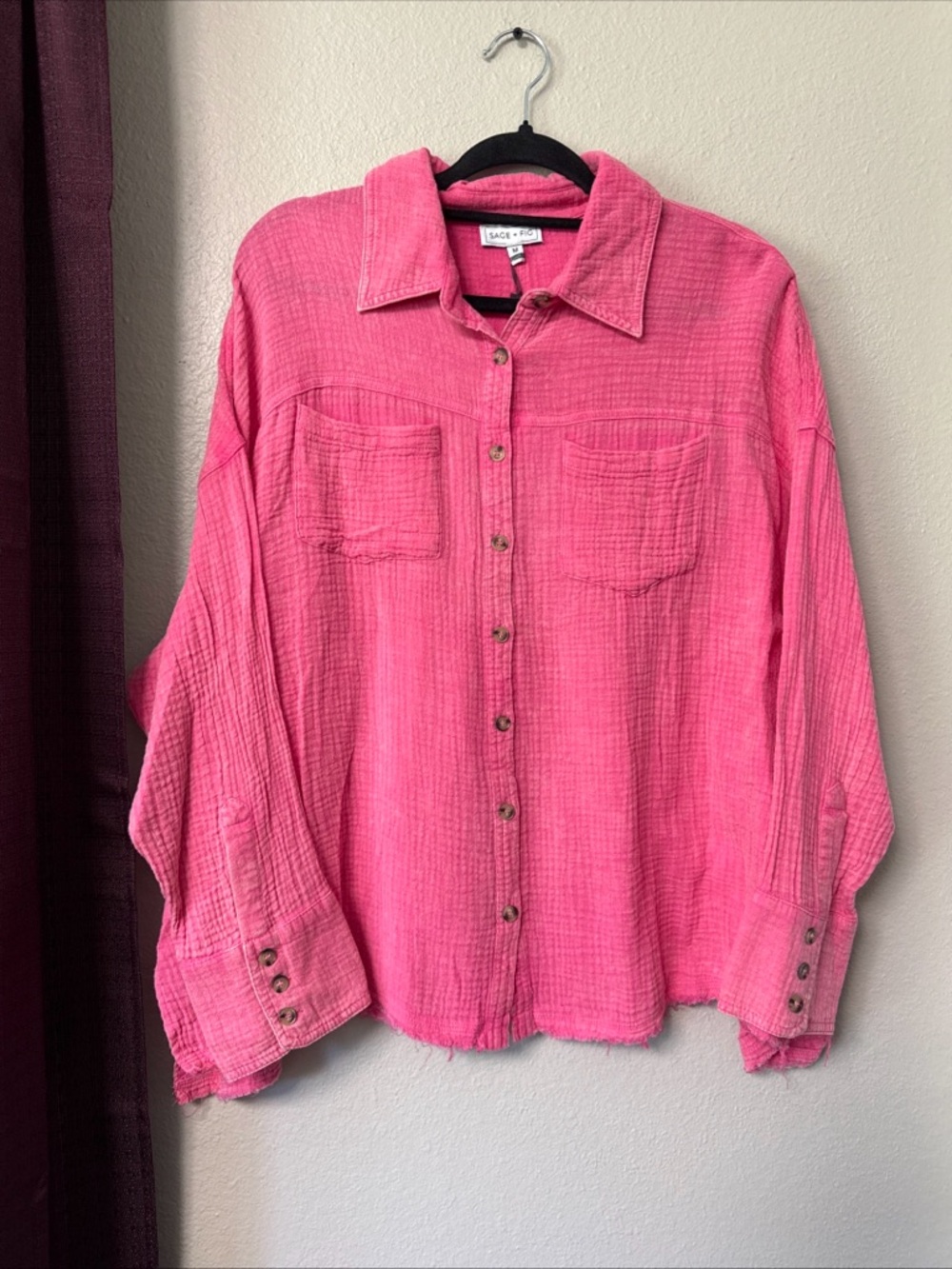 #727 Sage+Fig pink Long Sleeve Button-Down Gauze Top Size Medium